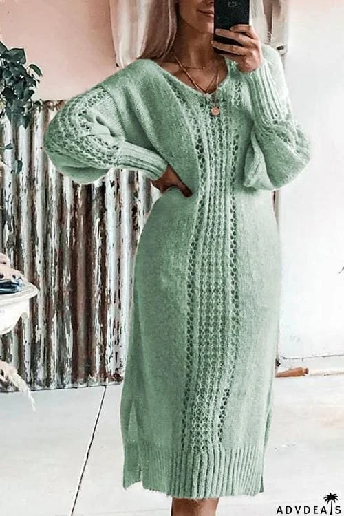 Hollow V Neck Long Sleeve Sweater Dress