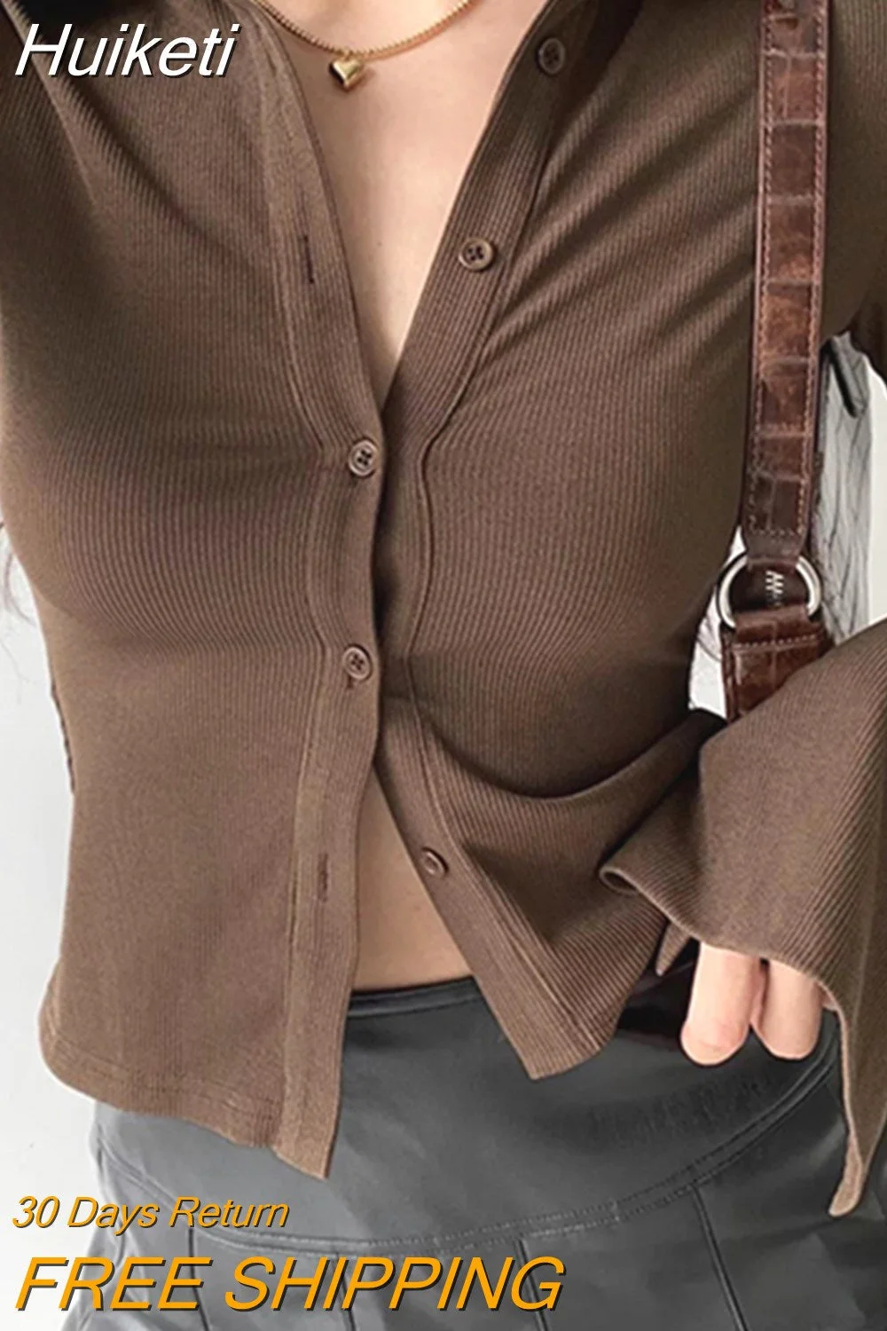 Huiketi Lapel Blouses Women Button Up Shirt Female Flared Long Sleeve Shirt Ladies Solid Slim Crop Top Streetwear Spring Summer