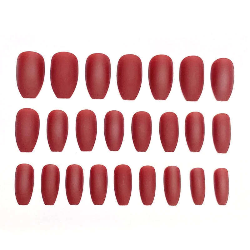 24pcs/set Red Frosted Ballet Medium Length Fake Nails with Glue Fashion Pure Color Nail Patches Women press on nails coffin-Nail Inspo