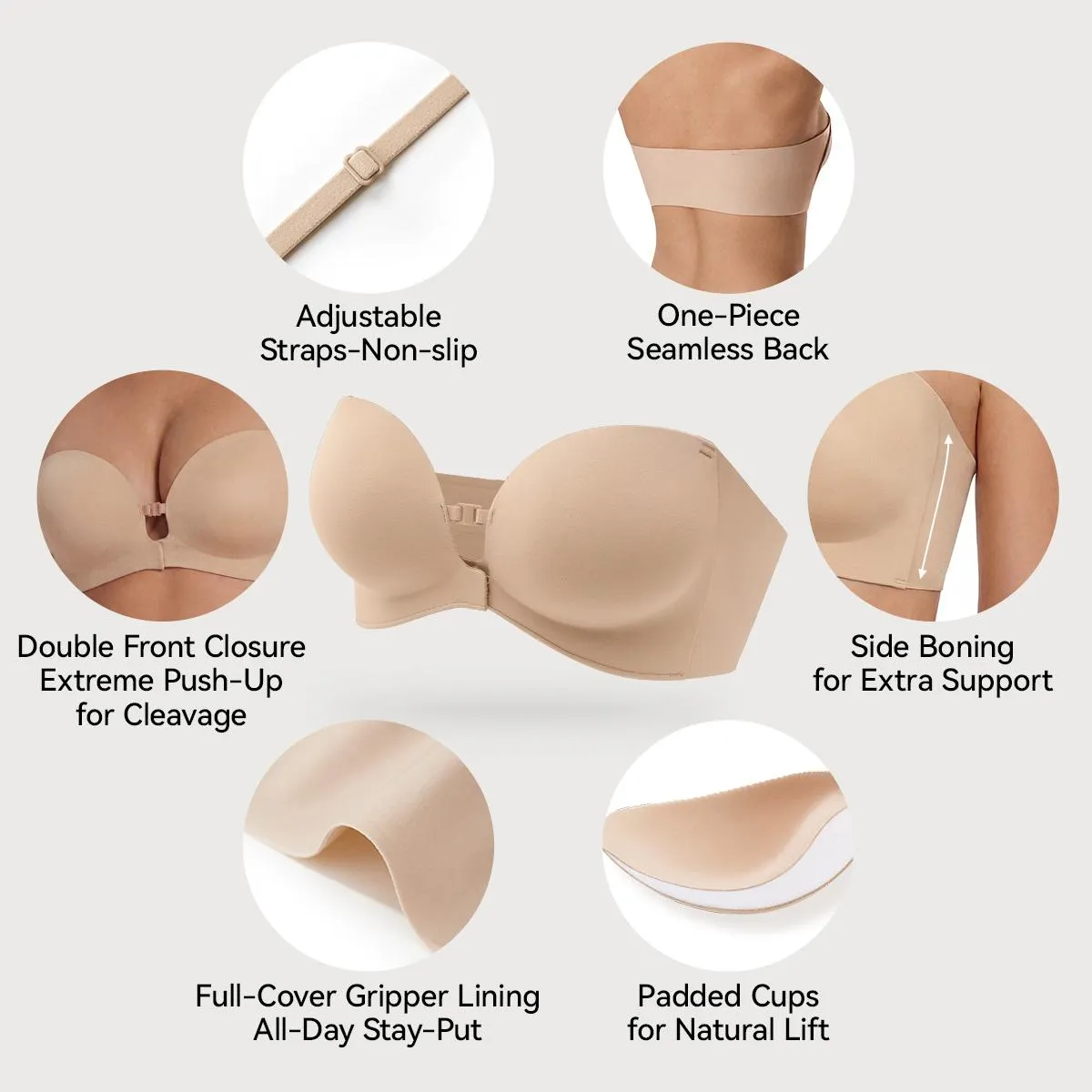 LUCKMEEY Womens Strapless Front Closure Bra Push Up Lift Bra Padded Add Cup Non Slip Anti-Slip Grip & Removable Straps Fit Outfits Wireless Supportive Seamless Comfortable LUCKMEEY Womens Strapless Front Closure Bra Push Up Lift Bra Padded Add Cup Non Slip Anti-Slip Grip & Removable Straps Fit Outfits Wireless Supportive Seamless Comfortable