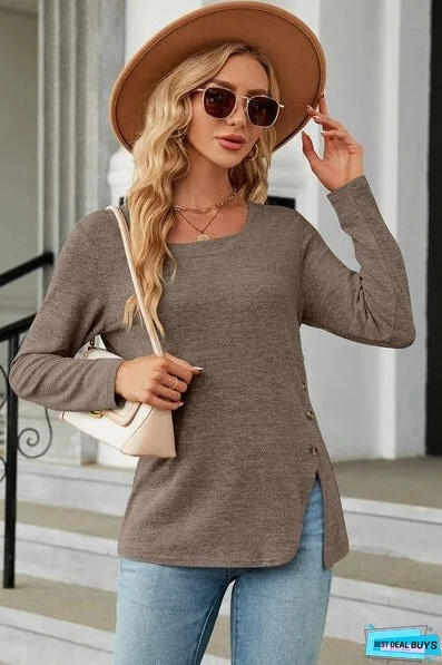 Slit Decorative Button Square Neck T-Shirt