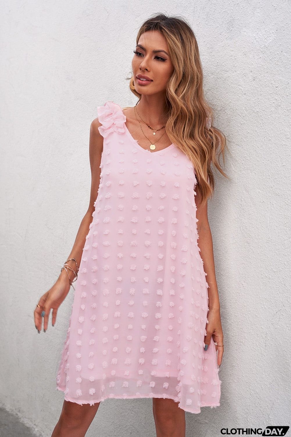 Swiss Dot V Neck Ruffled Sleeveless Mini Dress