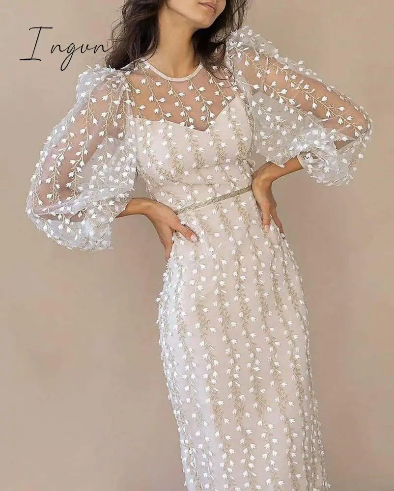 Ingvn - Charming Lace Women’s Party Dress Elegant Long Sleeves O - Neck Dresses For Women Summer