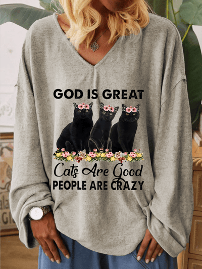 Women's God Is Great Cat Is Good And People Are Crazy Print V-Neck Long Sleeve T-Shirt