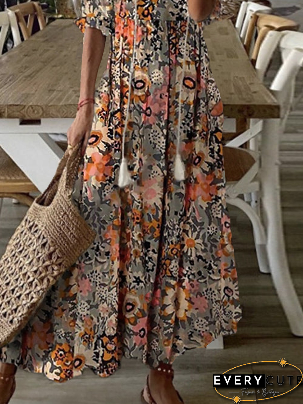 Loosen Floral Short Sleeve Woven Dress