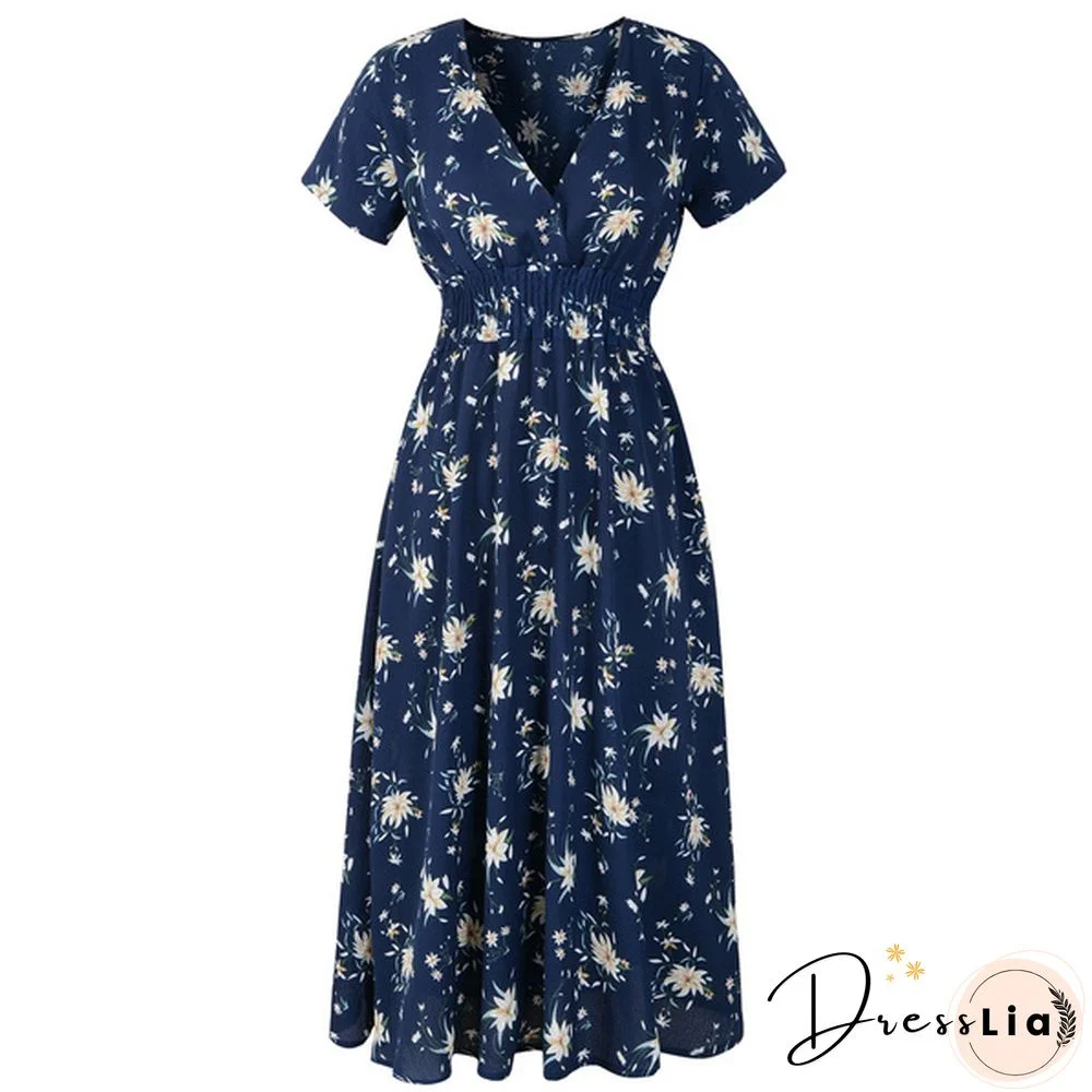 Floral Print V-Neck Ruffle Hem Elastic Waist Dress
