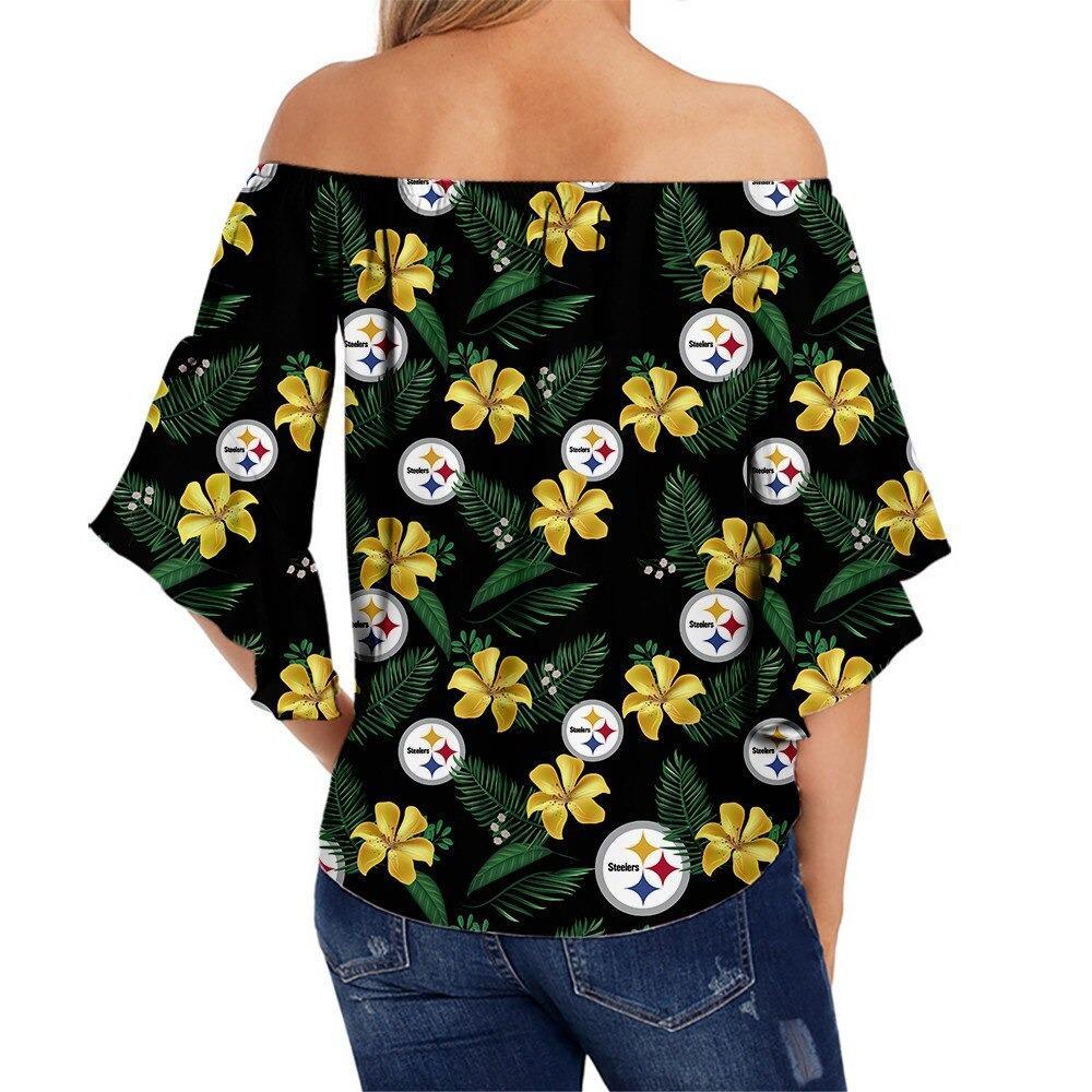 Women's Pittsburgh Steelers Shirts Flower Off The Shoulder