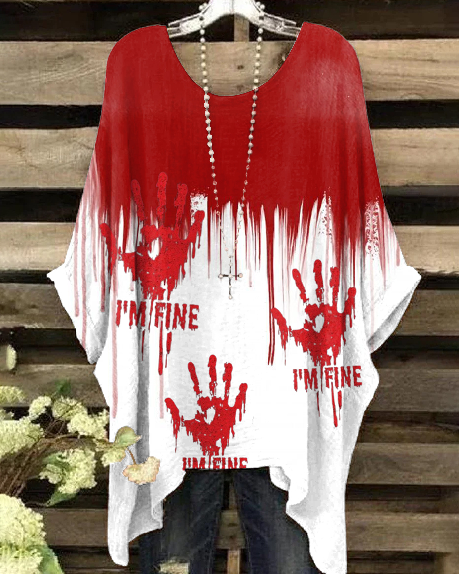 Round Neck Halloween I'm Fine Painting Irregular Shirt
