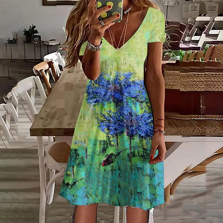 Oil Painting Flower Print V-Neck Short Sleeved Midi Dress