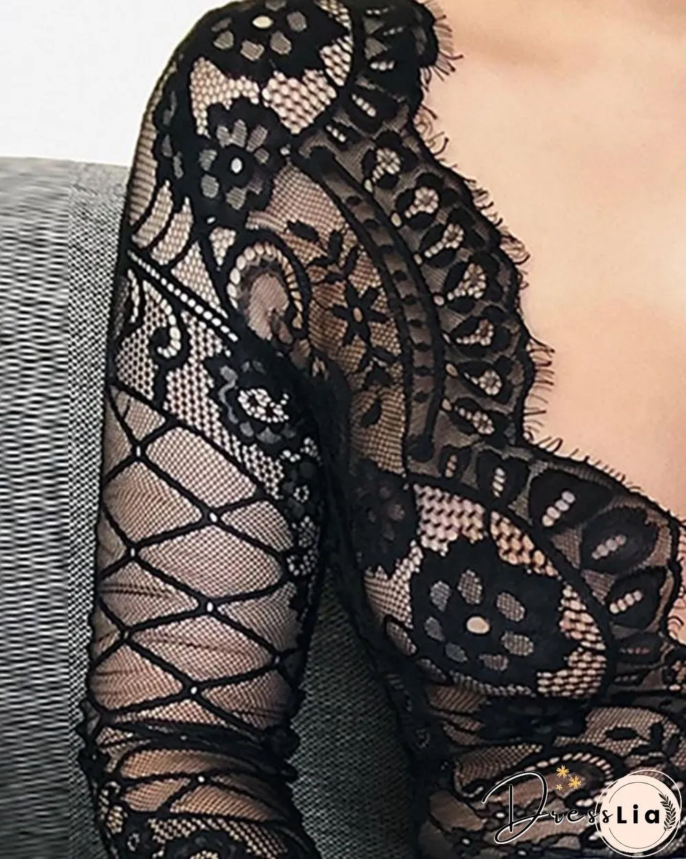 Sheer Eyelash Lace Long Sleeve Bodysuit P14708