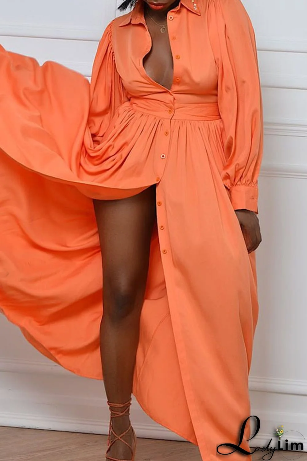 Tangerine Casual Elegant Solid Patchwork Buckle Turndown Collar Shirt Dress Dresses