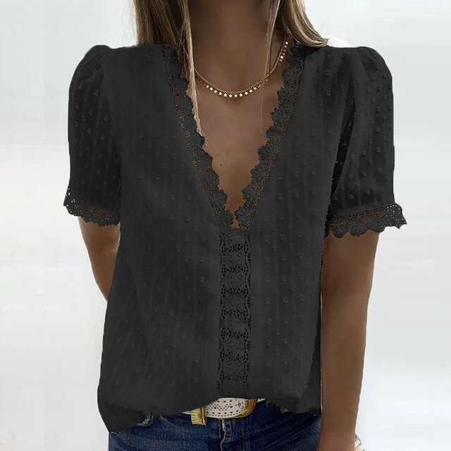 Sexy V-Neck Lace Shirt Blouse Ladies Shirt Solid Pullover Tops