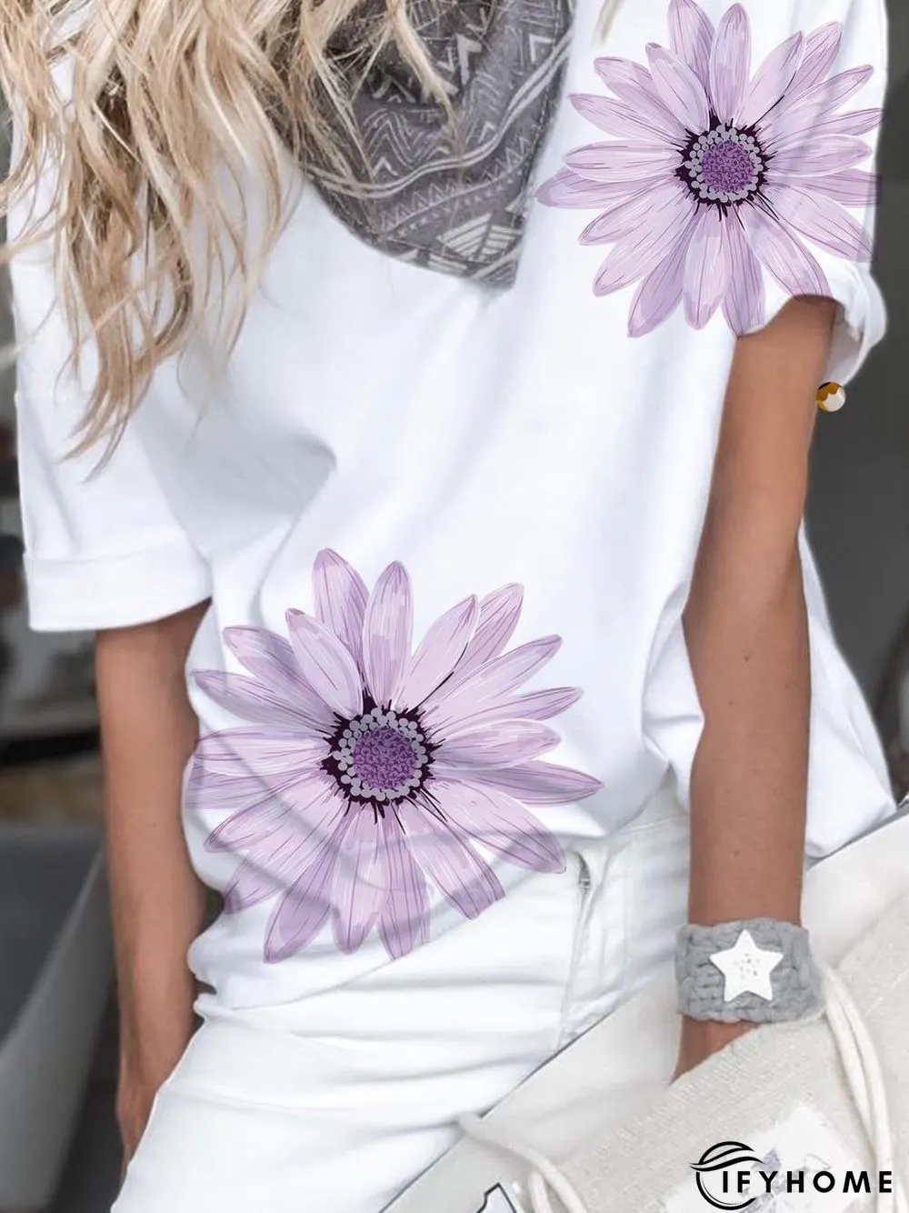 White Short Sleeve Cotton Floral T-shirt | IFYHOME