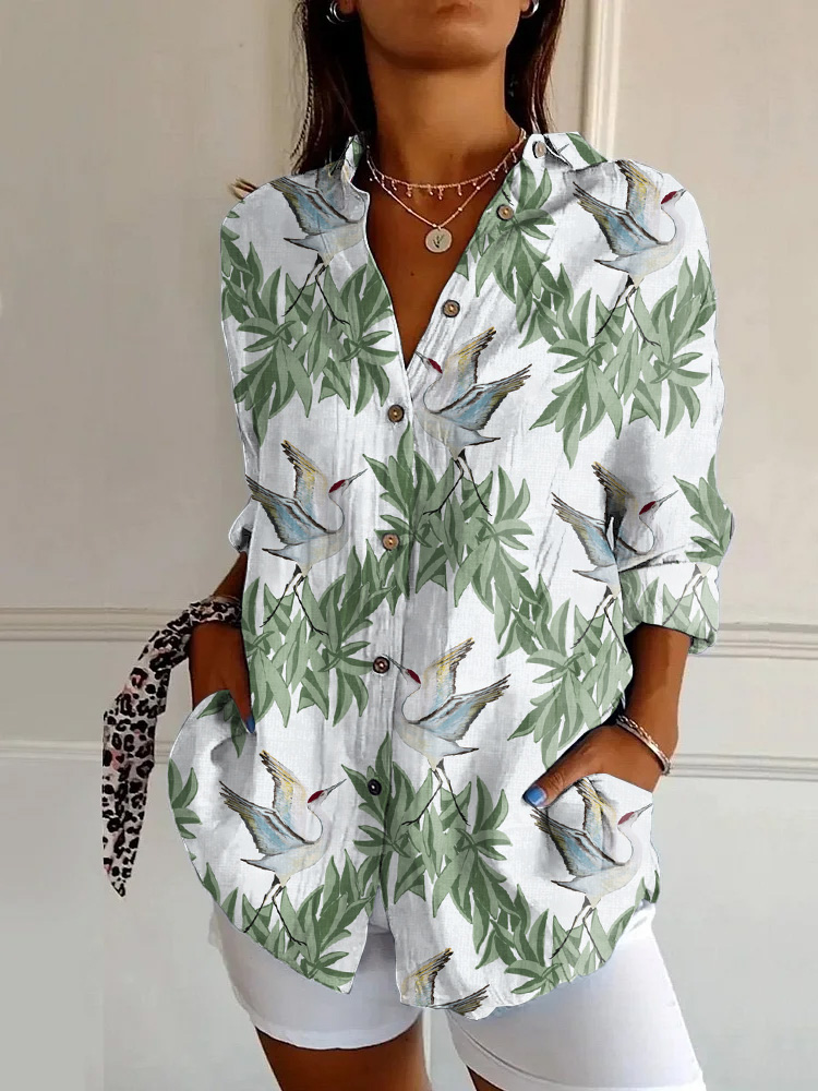 Japanese Classic Cranes And Leaves Print Casual Long-sleeved Shirt