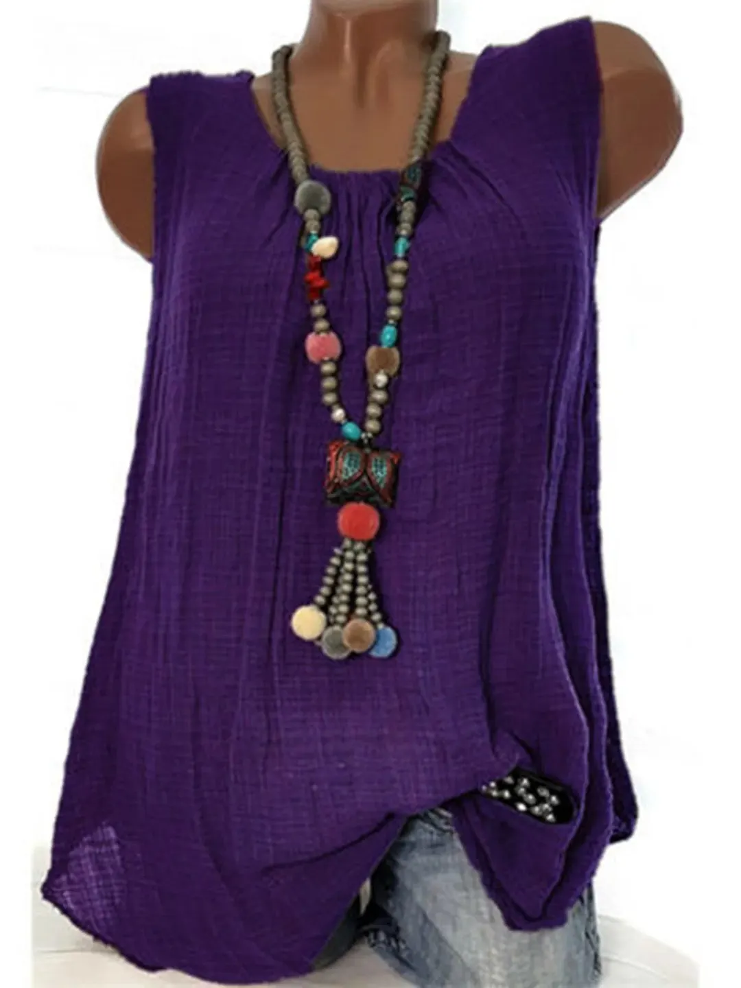 Linen Round Neck Sleeveless Cozy Tanks