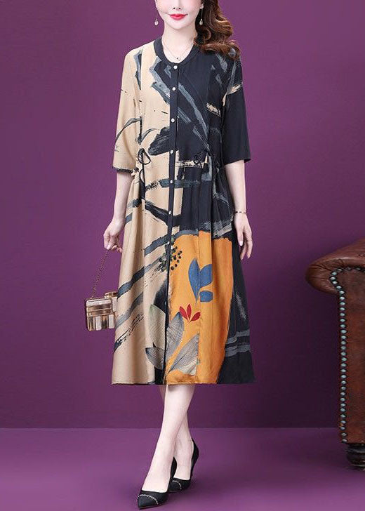 VCSHOES Colorblock Drawstring Side Open Print Silk Dresses Summer