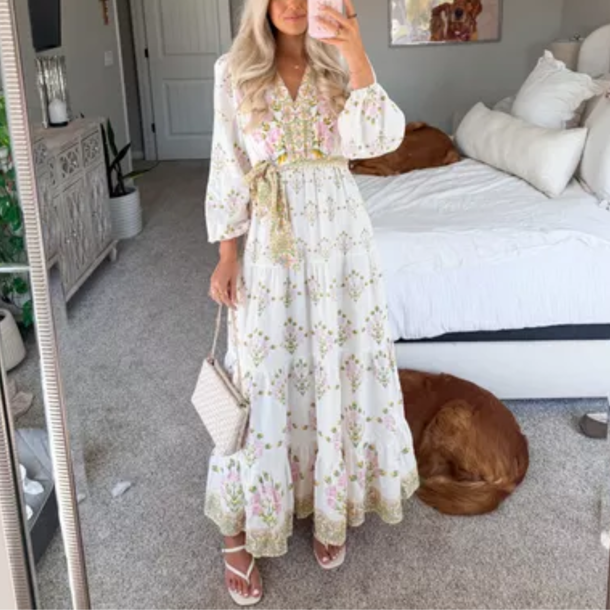 Elegant Floral Maxi Dress With Bow Detail