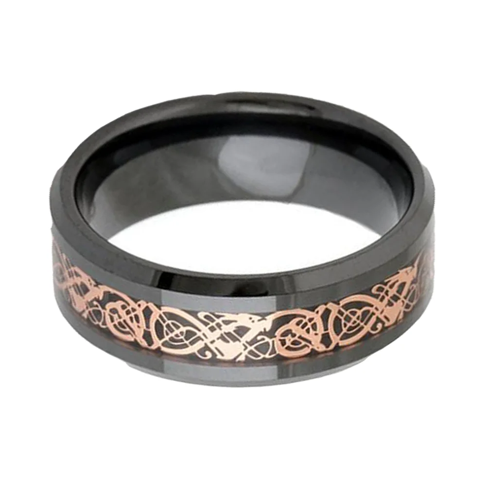 Black Tungsten Carbide Ring Rose Gold Celtic Dragon Inlay Men Wedding Band