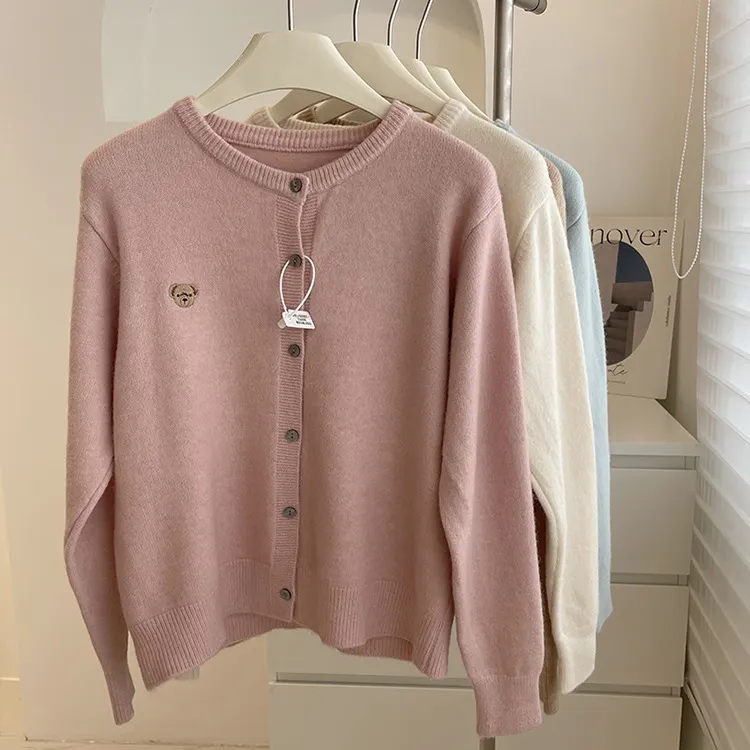 Churchf Churchf Sense Heavy Industry Embroidery Fashion Round Collar Color Buckle Sheep Wool Soft Waxy Pure Color Versatile Basic Knit Cardigan