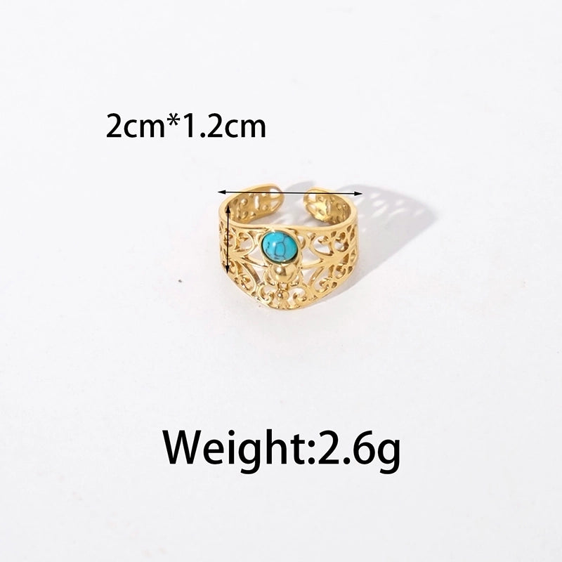 Elegant Vintage Style Minimalist Oval 304 Stainless Steel Turquoise 14K Gold Plated Plating Hollow Out Stainless Steel Rings