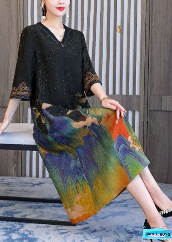Women Black V Neck Embroideried Print Silk Long Dresses Half Sleeve