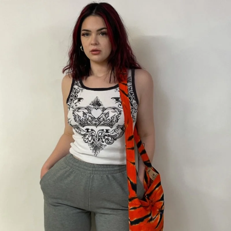 Rapcopter y2k Printed Tank Tops Cute White Knitted Crop Top Women Patched O Neck Sleeveless Basic Harajuku Summer Sweats Retro