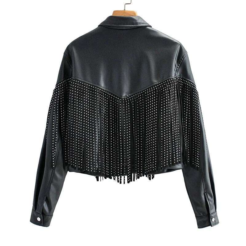 FTLZZ Autumn Winter Tassel Rivet Faux Leather short Jackets Women Loose Moto Bike Soft PU Leather Coat Single Breasted Outwear