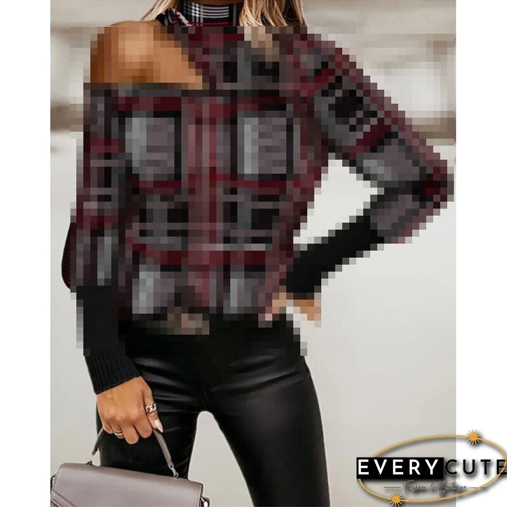 Fashion Geometric Print Turtleneck Off Shoulder Tops Womens Patchwork Knit Long Sleeves T Shirts Women Slim Fit Pullovers