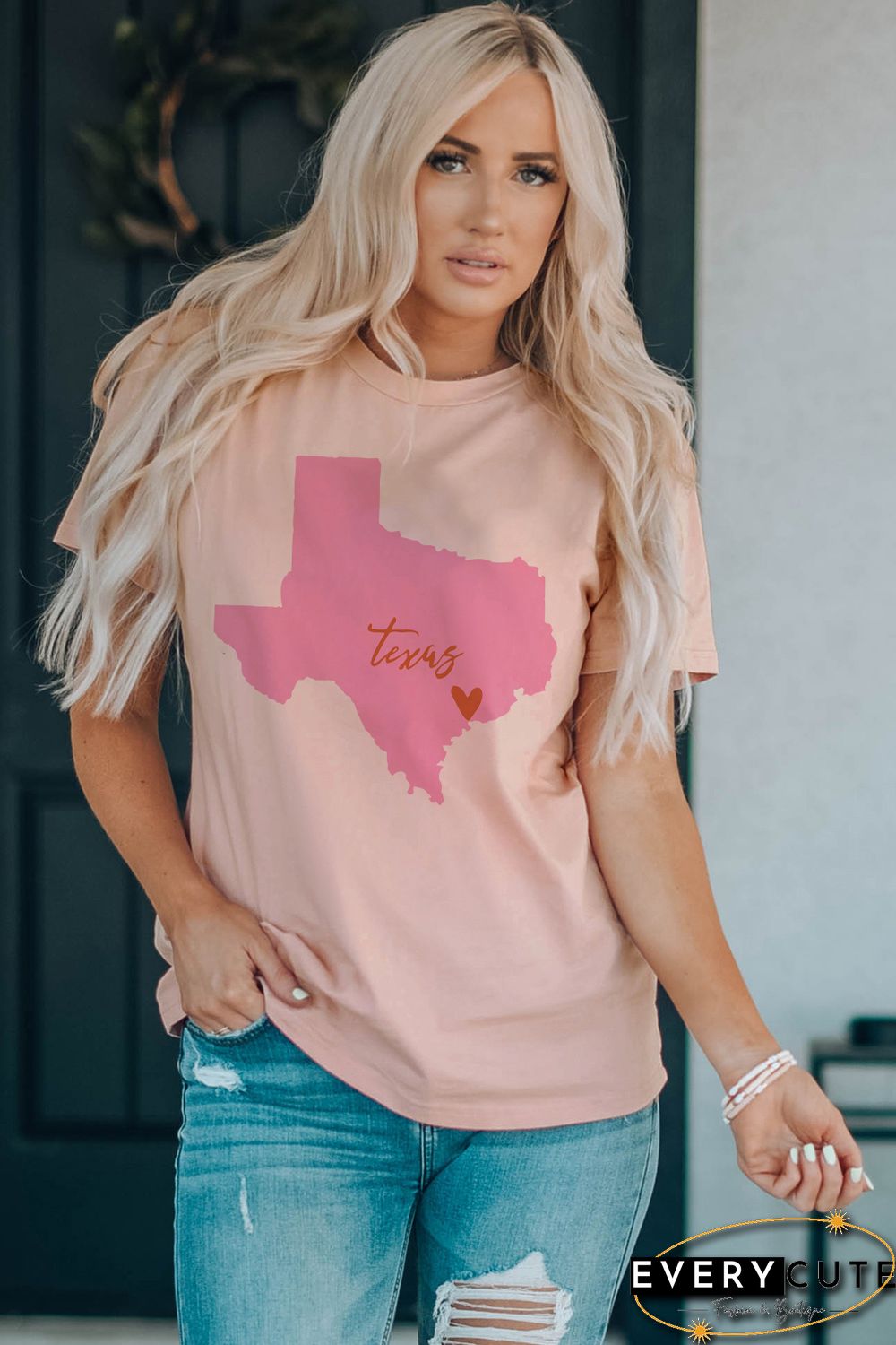 Pink Texas Map Graphic Print Crew Neck T Shirt