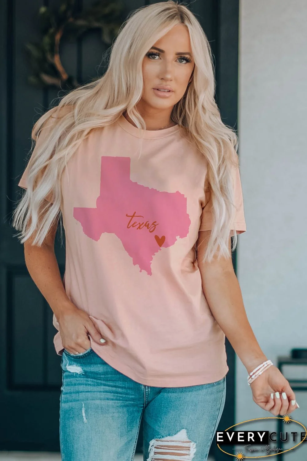 Pink Texas Map Graphic Print Crew Neck T Shirt