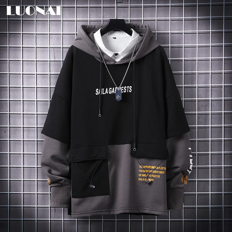 Loose casual trend ins stitching long-sleeved hooded sweater Techwear Shop