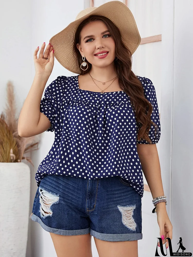 Plus Size Polka Dot Square Neck Blouse