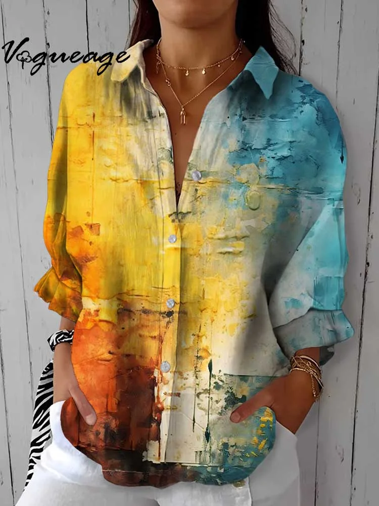 Bright And Intellectual Contrast Color Stitching Printed Cotton And Linen Shirt