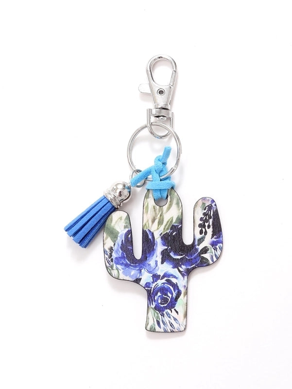 Classic Style Commute Cactus Printing Wood Bag Pendant Keychain