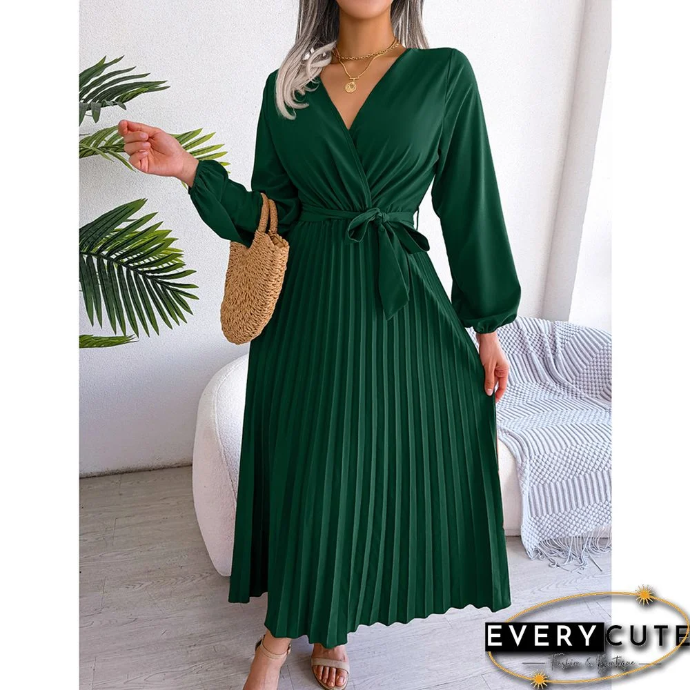 Green Wrap V Neck Pleated Long Sleeve Long Dress
