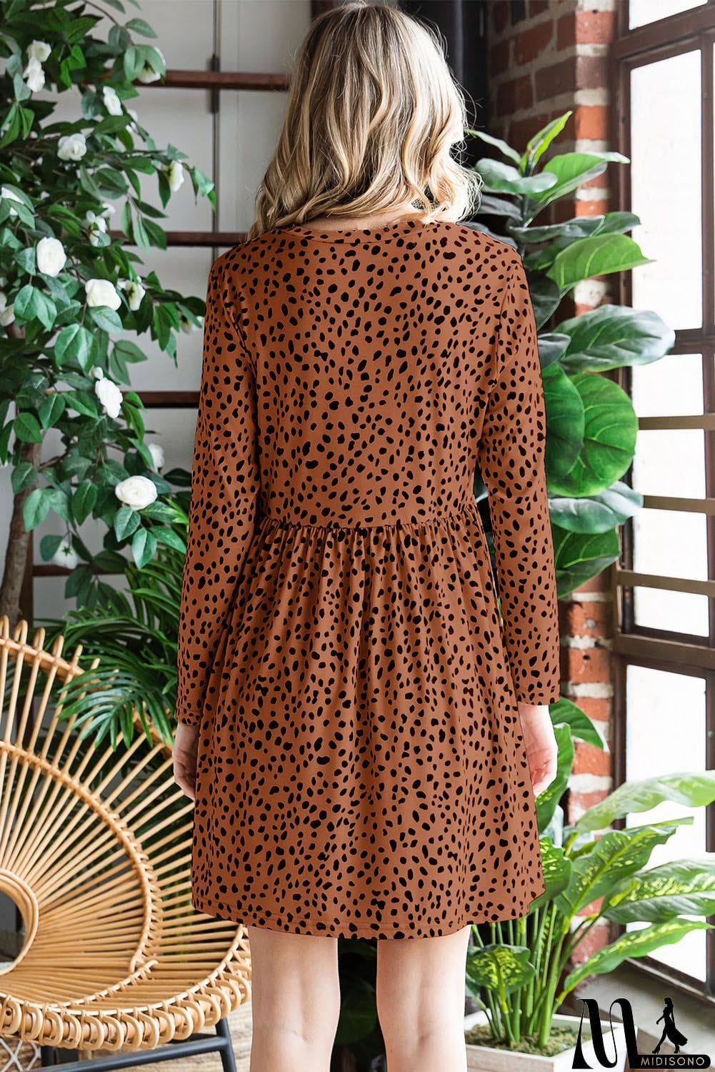 MidiSono - Printed Round Neck Long Sleeve Dress