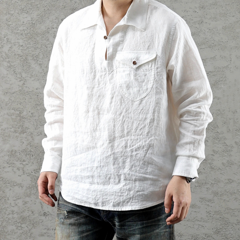 Men's Casual White Linen-Cotton Long Sleeve Shirt