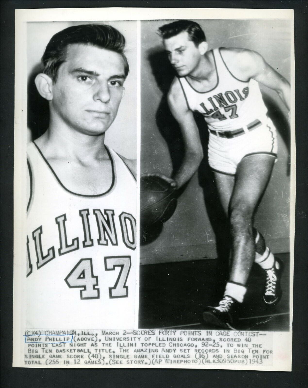 Andy Phillip sets Big 10 scoring record 1943 Press Photo Poster painting University of Illinois