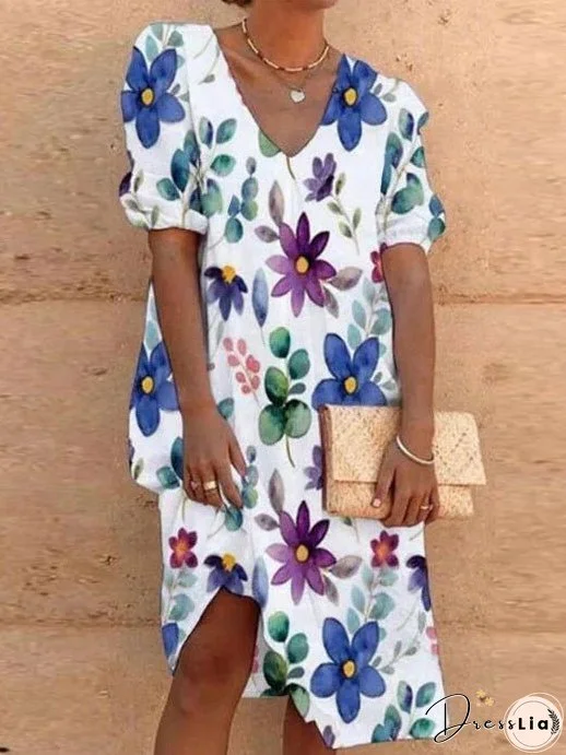 Dresses Loose Printed V-Neck Short Sleeve Dress for Women