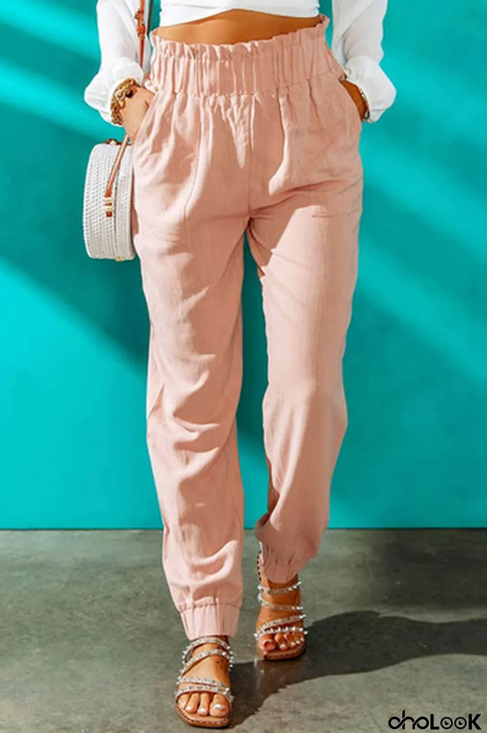 Pink Ruffled Elastic Waistband High Waist Pants