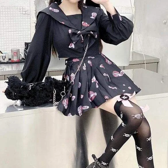 Cute Cool Preppy Style Girls Black Bow Print Top Skirt Lolita JK Uniform Suit SS0886