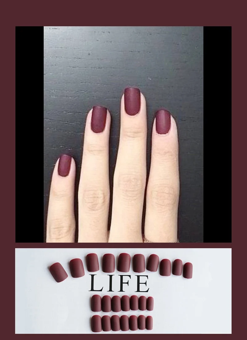 24pcs Dark Coffee Fake Nails Orange And Yellow Two-tone Matte Polish False Nail Patch Round Ballet Nail Tips Glue Wear Manicure-Nail Inspo