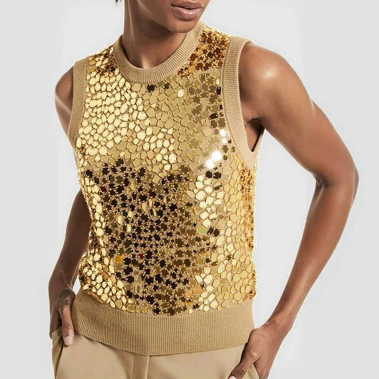 Party Sequin Embellished Crew Neck Sleeveles Tank Top