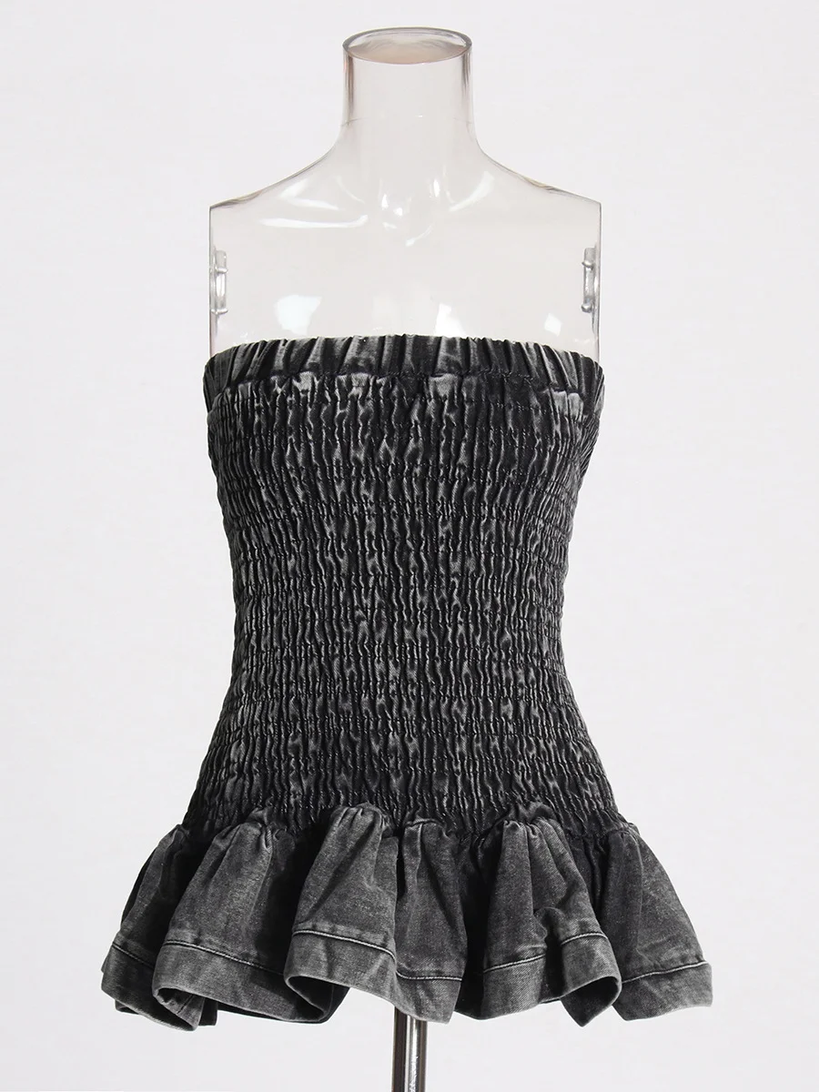 Athvotar Athvotar Hot Girl Wind 2024 Autumn New Wipe Breast Elastic Design Slim Denim Flounce Short Dress