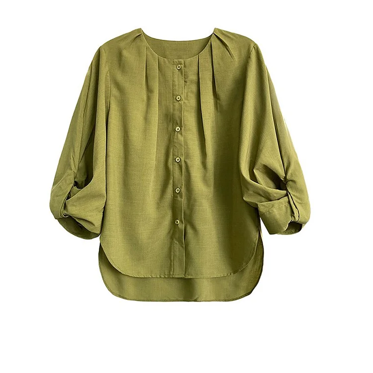Elegant Solid Color O-neck Pleated Three-quarter Folds Lantern Sleeve Shirt           