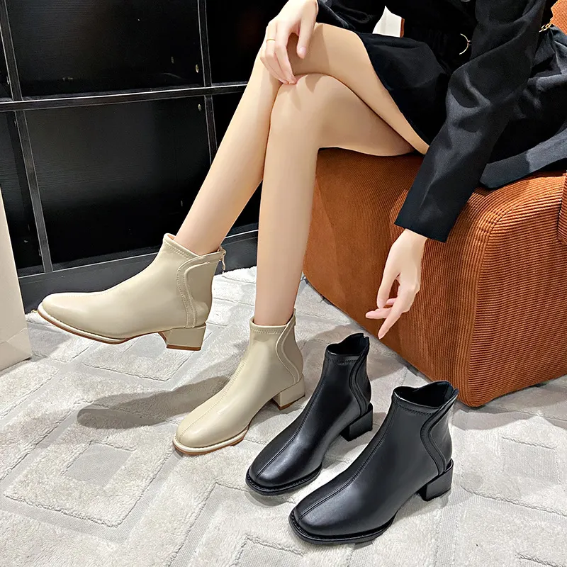 Churchf Autumn And Winter New Korean Version Of Fashion Short Boots Women Round Head Thick With High Heel Rear Zipper Martin Boots Women