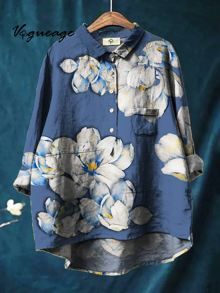 Simple Generous Elegant And Comfortable Flowers Print Cotton And Linen Shirt