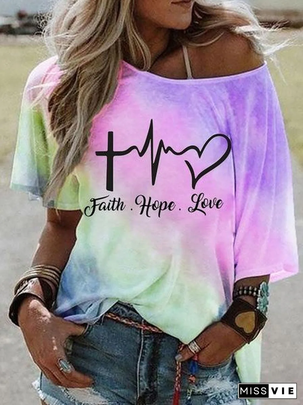 Hot-selling Stylish Tie-dye Gradient Print Short-sleeved Stiletto Off-the-shoulder Top T-shirt