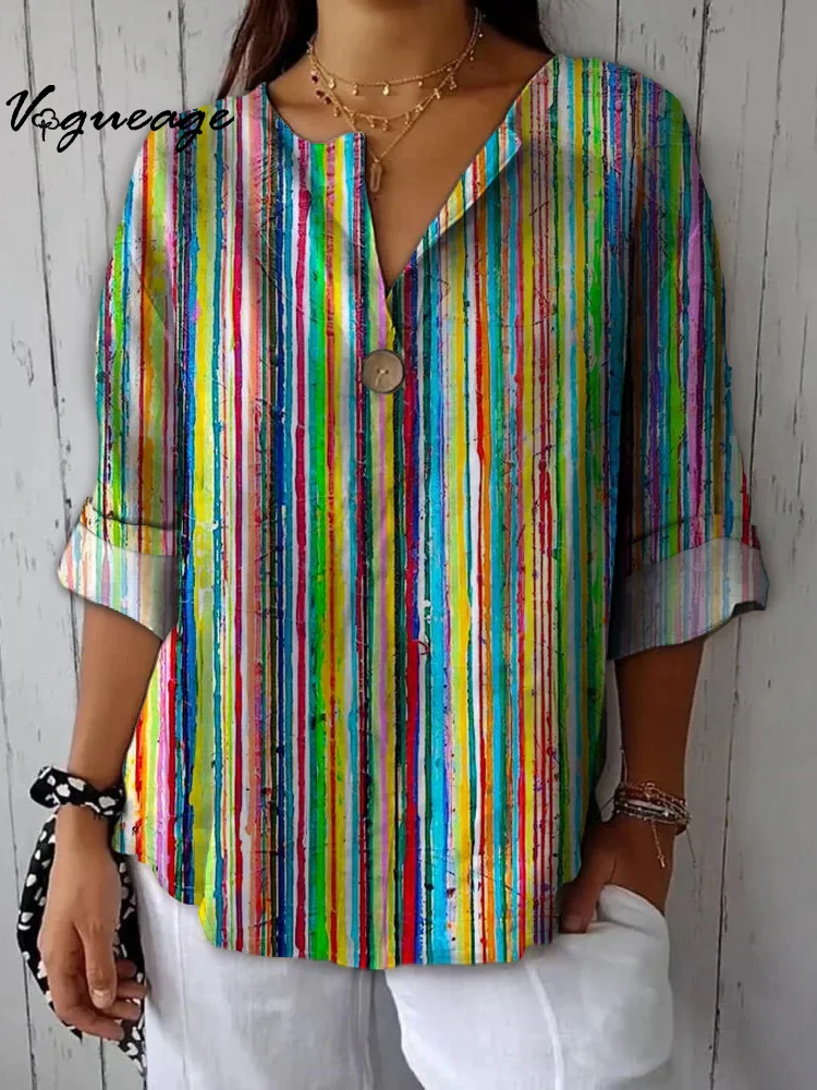Fashionable And Simple Colorful Vertical Stripes Printed Cotton And Linen Shirt