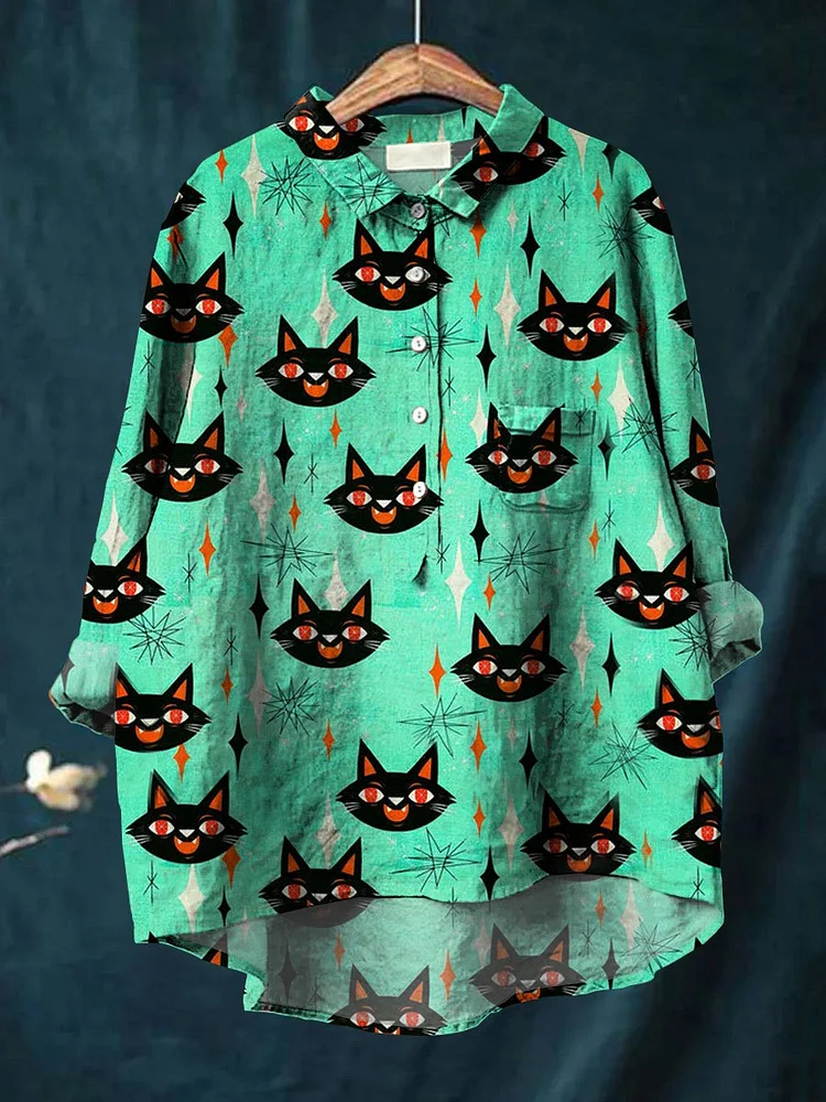 Women's Vintage Cat Art Print Casual Cotton And Linen Shirt